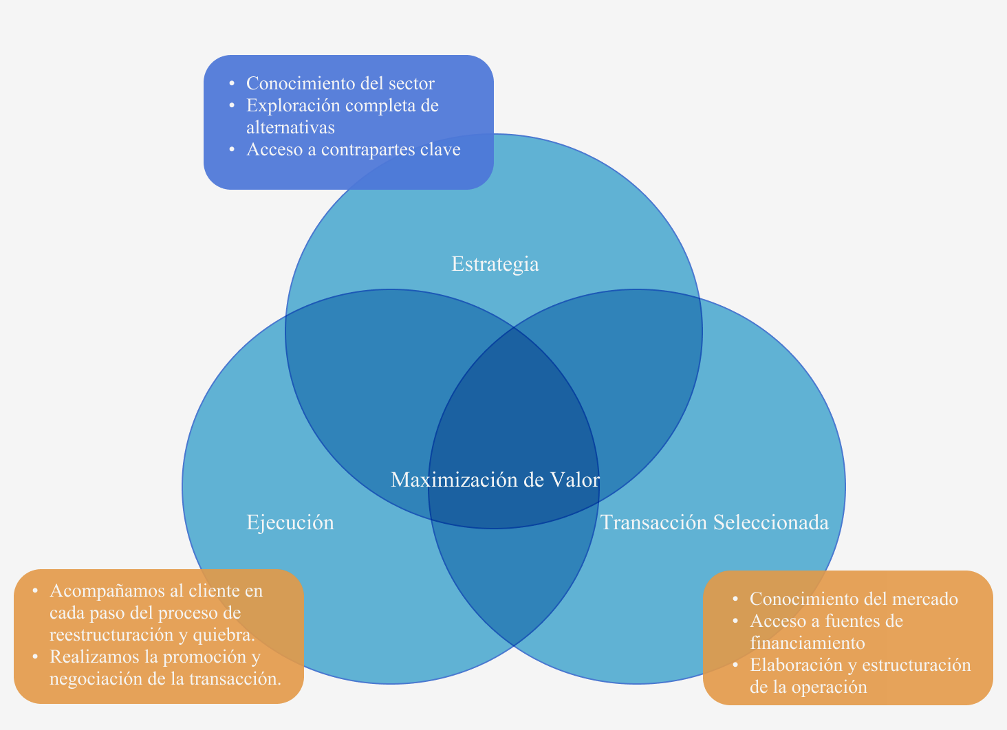 Venn diagram showing Estrategia, Ejecución, and Transacción Seleccionada with Maximización de Valor at the center